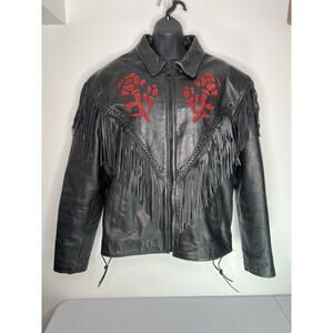 Vintage Shaf Moto Women Fringe Rose Zip Lining Leather Jacket Size XXXL